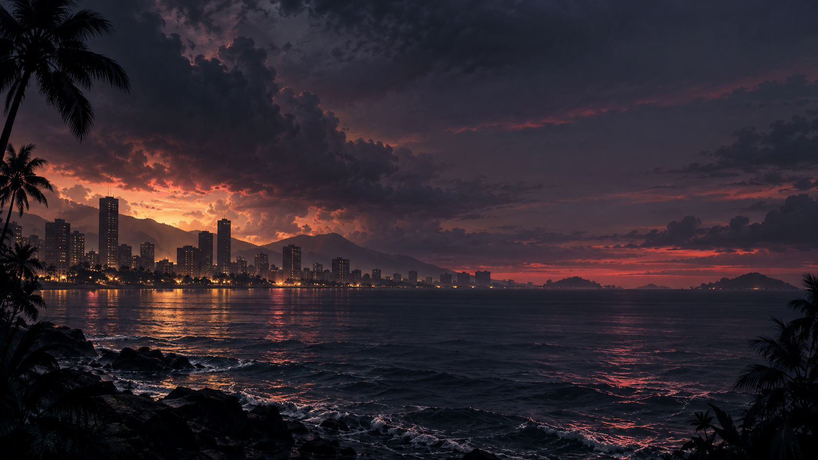 Original fan-site illustration of a subtropical waterfront city at dusk