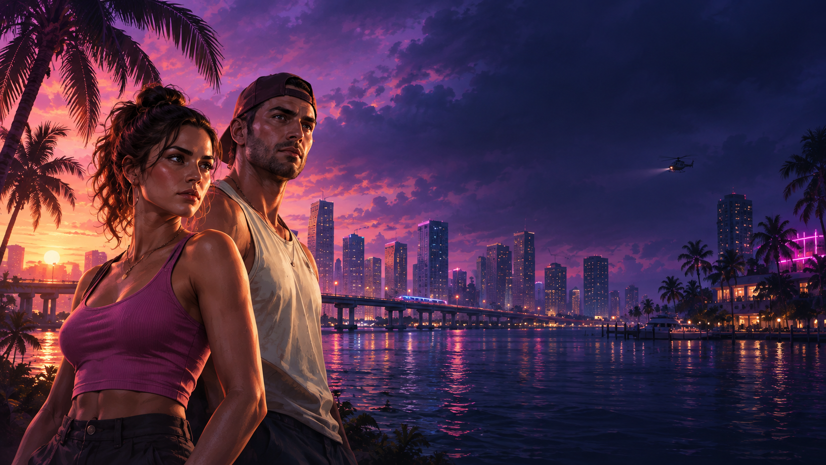 Original editorial illustration of a fictional crime-story duo by a tropical waterfront at dusk